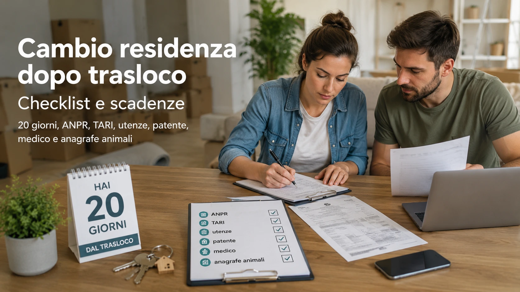 Cambio di residenza dopo il trasloco con checklist di 20 giorni per ANPR, TARI, utenze, patente, medico e anagrafe animali.